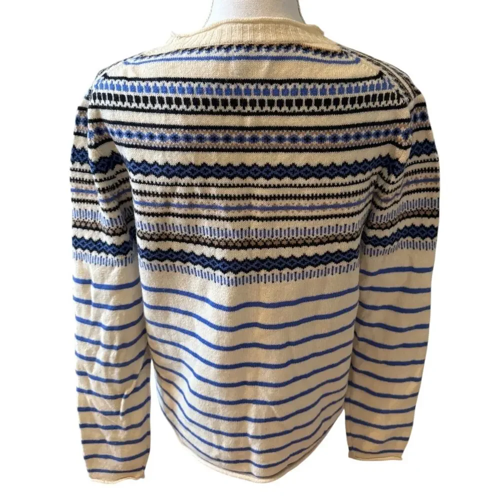 J Crew Fair Isle Crewneck Sweater Off White Blue Print M